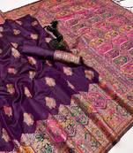 Wine pashmina silk saree with kashmiri meenakari weaving & rich pallu