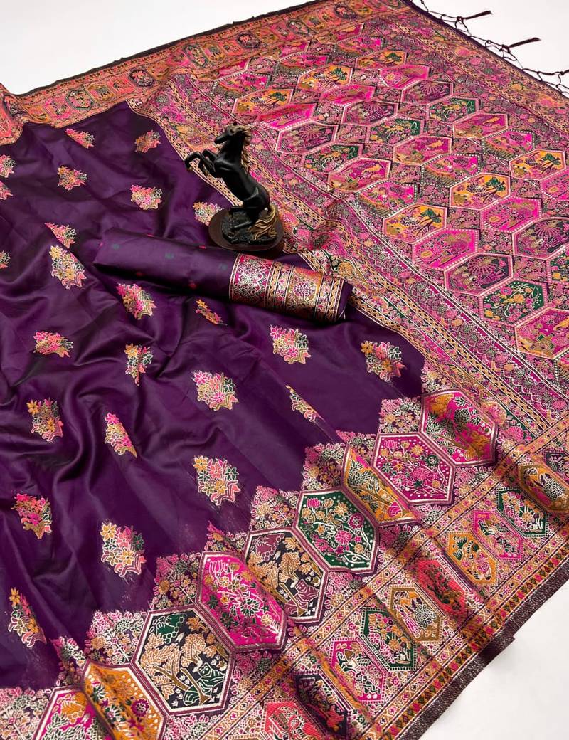 Wine pashmina silk saree with kashmiri meenakari weaving & rich pallu