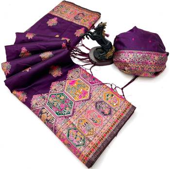 Wine pashmina silk saree with kashmiri meenakari weaving & rich pallu 2
