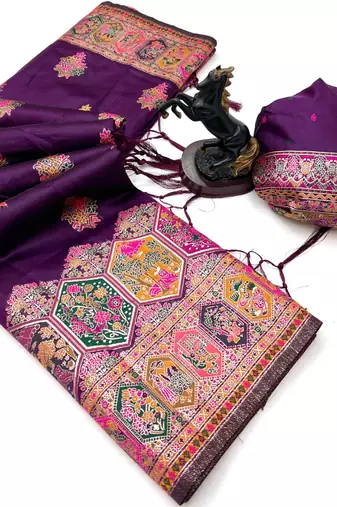 Wine pashmina silk saree with kashmiri meenakari weaving & rich pallu