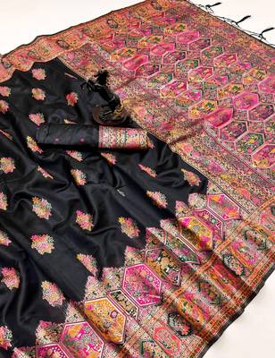 Black pashmina silk saree with kashmiri meenakari weaving & rich pallu 1