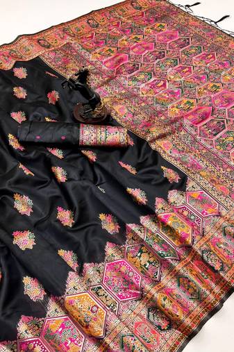 Black pashmina silk saree with kashmiri meenakari weaving & rich pallu