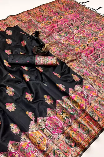 Black pashmina silk saree with kashmiri meenakari weaving & rich pallu