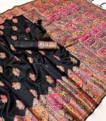 Black pashmina silk saree with kashmiri meenakari weaving & rich pallu