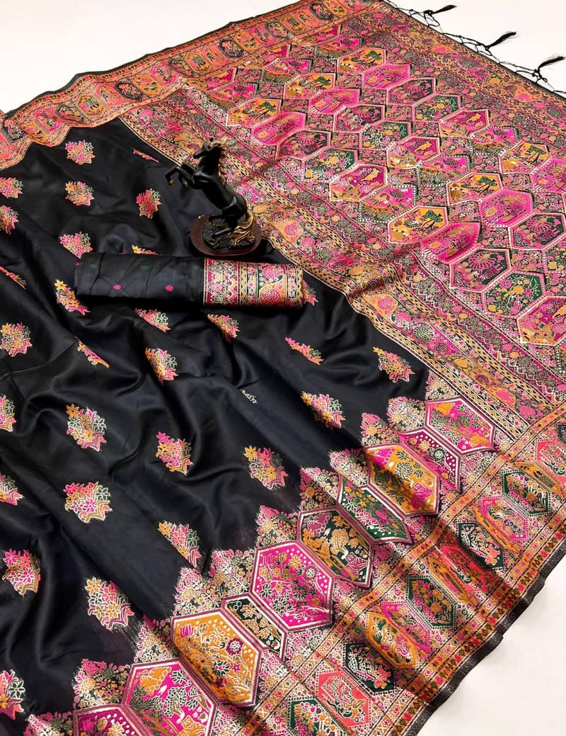 Black pashmina silk saree with kashmiri meenakari weaving & rich pallu