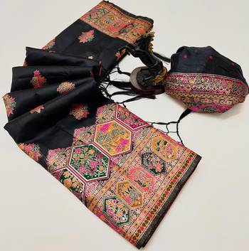Black pashmina silk saree with kashmiri meenakari weaving & rich pallu 2
