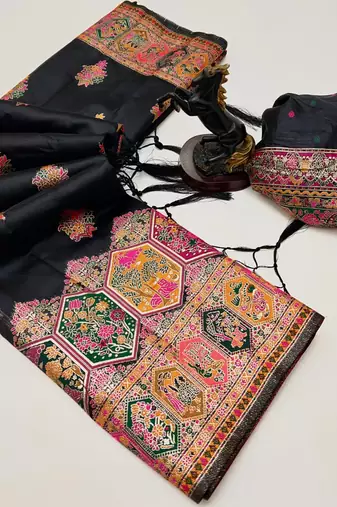 Black pashmina silk saree with kashmiri meenakari weaving & rich pallu