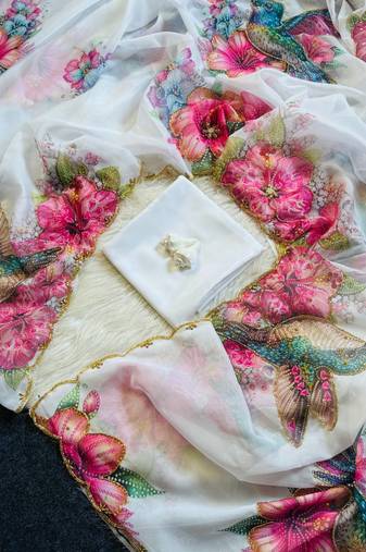 White Color Floral & Sparrow Print And Khatali Handwork Work and  Border Cutdana Work Silk Saree