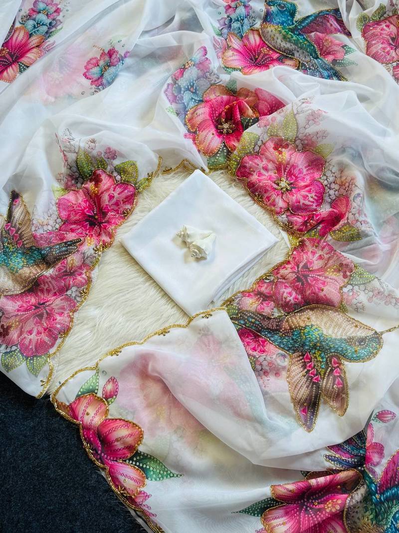 White Color Floral & Sparrow Print And Khatali Handwork Work and  Border Cutdana Work Silk Saree