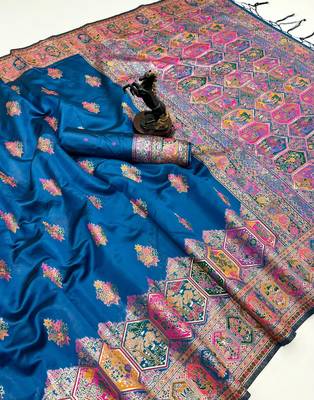Teal pashmina silk saree with kashmiri meenakari weaving & rich pallu 1