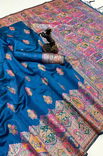 Teal pashmina silk saree with kashmiri meenakari weaving & rich pallu