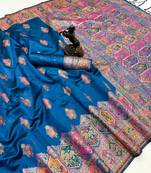 Teal pashmina silk saree with kashmiri meenakari weaving & rich pallu