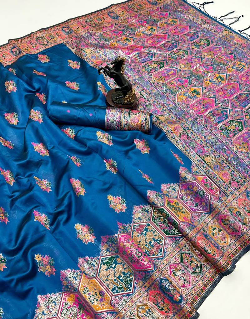 Teal pashmina silk saree with kashmiri meenakari weaving & rich pallu
