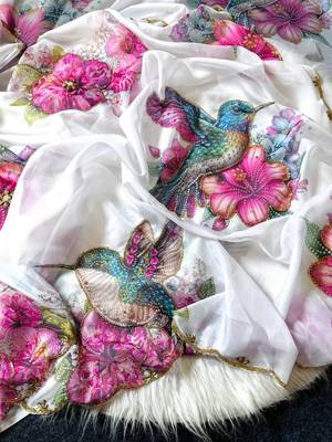 White Color Floral & Sparrow Print And Khatali Handwork Work and  Border Cutdana Work Silk Saree 2
