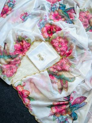 White Color Floral & Sparrow Print And Khatali Handwork Work and  Border Cutdana Work Silk Saree 3