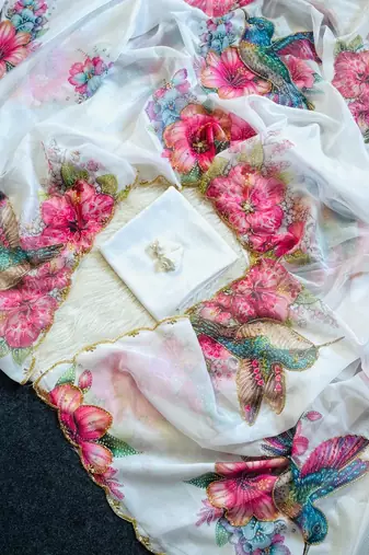 White Color Floral & Sparrow Print And Khatali Handwork Work and  Border Cutdana Work Silk Saree
