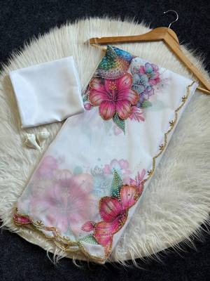White Color Floral & Sparrow Print And Khatali Handwork Work and  Border Cutdana Work Silk Saree 5