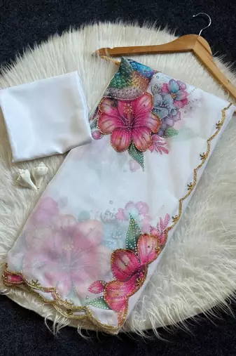 White Color Floral & Sparrow Print And Khatali Handwork Work and  Border Cutdana Work Silk Saree