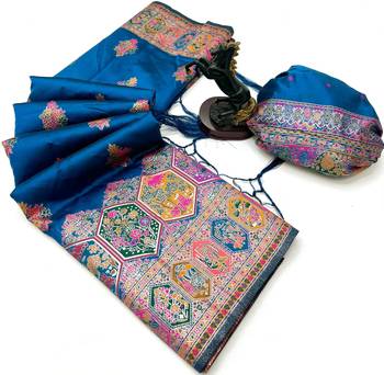 Teal pashmina silk saree with kashmiri meenakari weaving & rich pallu 2