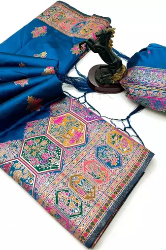 Teal pashmina silk saree with kashmiri meenakari weaving & rich pallu
