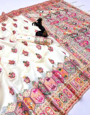 White pashmina silk saree with kashmiri meenakari weaving & rich pallu 1