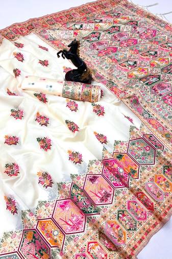White pashmina silk saree with kashmiri meenakari weaving & rich pallu