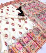 White pashmina silk saree with kashmiri meenakari weaving & rich pallu