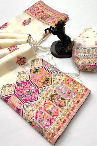 White pashmina silk saree with kashmiri meenakari weaving & rich pallu