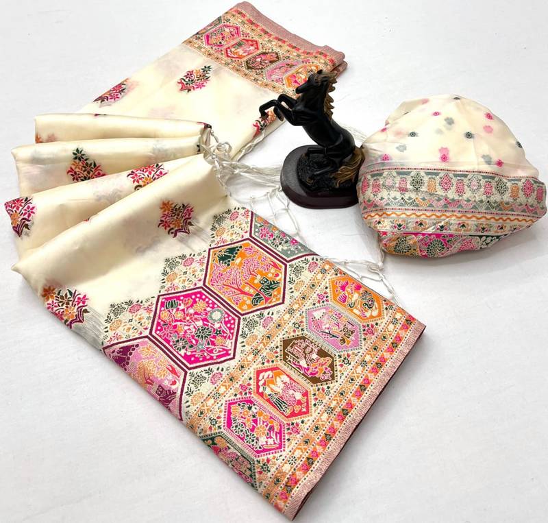 White pashmina silk saree with kashmiri meenakari weaving & rich pallu