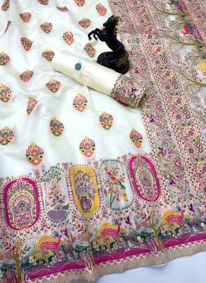 White pashmina silk saree with kashmiri meenakari weaving & rich pallu 1