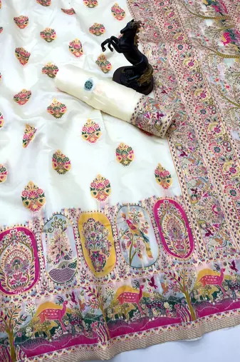 White pashmina silk saree with kashmiri meenakari weaving & rich pallu