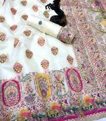 White pashmina silk saree with kashmiri meenakari weaving & rich pallu