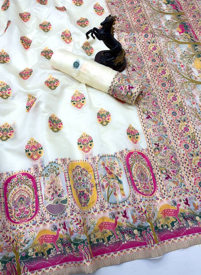 White pashmina silk saree with kashmiri meenakari weaving & rich pallu