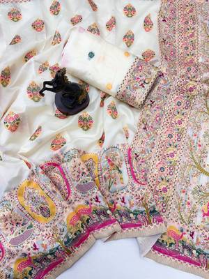White pashmina silk saree with kashmiri meenakari weaving & rich pallu 2