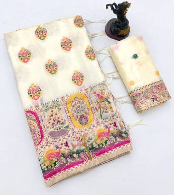 White pashmina silk saree with kashmiri meenakari weaving & rich pallu 3