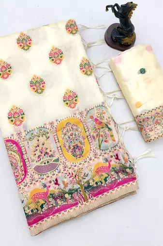 White pashmina silk saree with kashmiri meenakari weaving & rich pallu