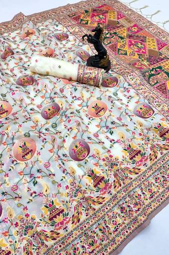 White pashmina silk saree with kashmiri meenakari weaving & rich tassel pallu