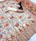 White pashmina silk saree with kashmiri meenakari weaving & rich tassel pallu