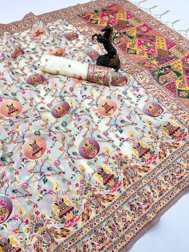 White pashmina silk saree with kashmiri meenakari weaving & rich tassel pallu