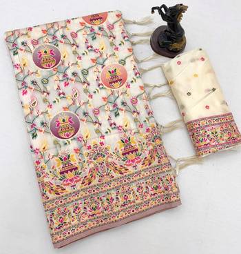 White pashmina silk saree with kashmiri meenakari weaving & rich tassel pallu 2