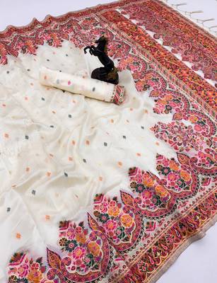 White pashmina silk saree with kashmiri meenakari weaving & rich tassel pallu 1
