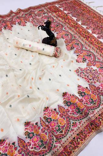 White pashmina silk saree with kashmiri meenakari weaving & rich tassel pallu