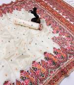 White pashmina silk saree with kashmiri meenakari weaving & rich tassel pallu