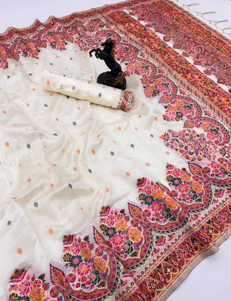 White pashmina silk saree with kashmiri meenakari weaving & rich tassel pallu