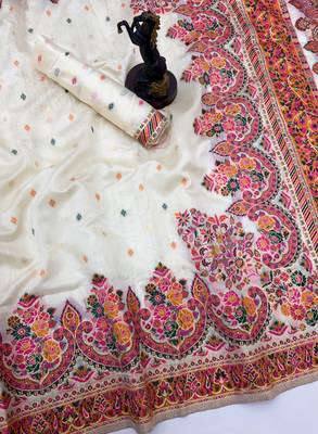 White pashmina silk saree with kashmiri meenakari weaving & rich tassel pallu 2