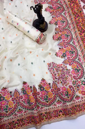 White pashmina silk saree with kashmiri meenakari weaving & rich tassel pallu