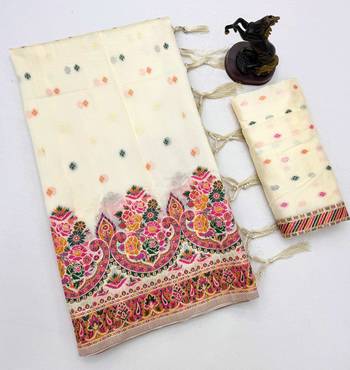 White pashmina silk saree with kashmiri meenakari weaving & rich tassel pallu 3