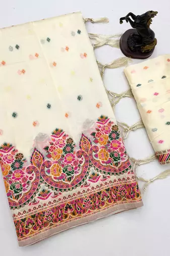 White pashmina silk saree with kashmiri meenakari weaving & rich tassel pallu