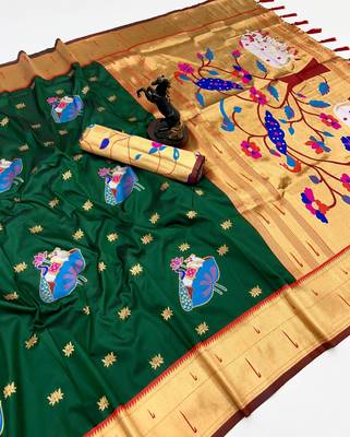 Green soft silk pichwai paithani saree with lotus butta & double muniya border 1