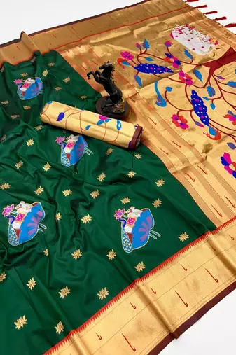 Green soft silk pichwai paithani saree with lotus butta & double muniya border